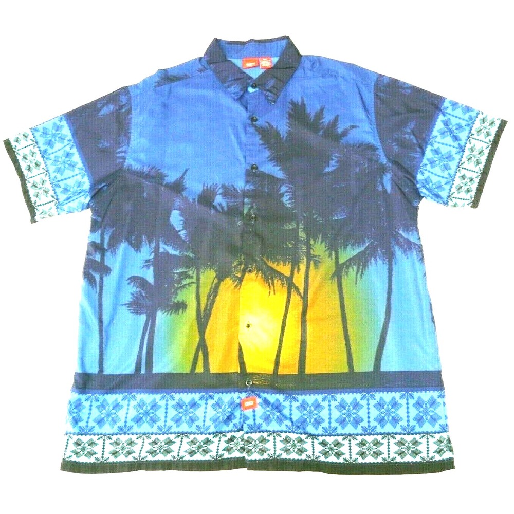 Mossimo Hawaiian Shirt Mens XL Blue Tropical Aloha Palm Trees Sunset Camp Lounge